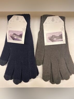 Two Pair Blue and Grey Knit Touchscreen Gloves with Dark Tip Accents